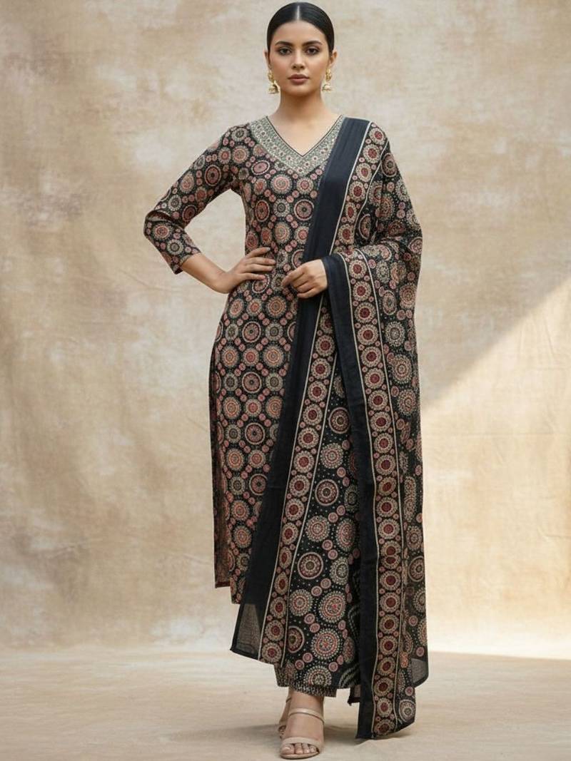 Women Ethnic Motifs Printed Regular Thread Work Pure Cotton Kurta with Trousers & With Dupatta