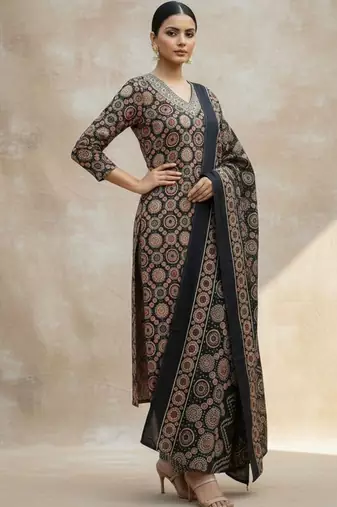 Women Ethnic Motifs Printed Regular Thread Work Pure Cotton Kurta with Trousers & With Dupatta