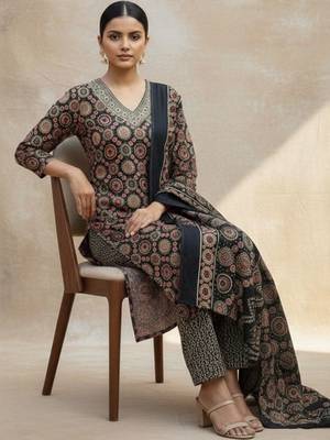 Women Ethnic Motifs Printed Regular Thread Work Pure Cotton Kurta with Trousers & With Dupatta 5