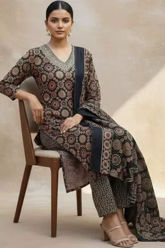 Women Ethnic Motifs Printed Regular Thread Work Pure Cotton Kurta with Trousers & With Dupatta