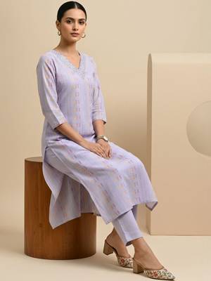 Women Ethnic Motifs Printed Regular Thread Work Kurta with Trousers 5