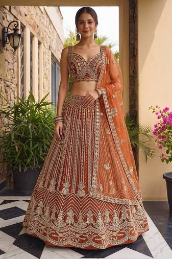 Orange Butterfly Net Sequins Embroidery Lehenga Choli Set