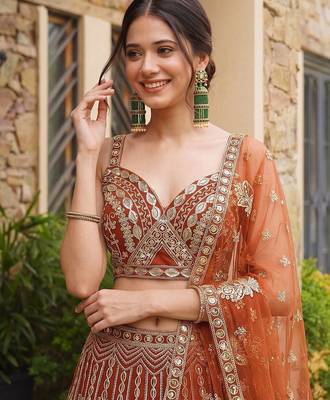 Orange Butterfly Net Sequins Embroidery Lehenga Choli Set 2