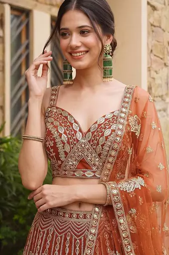 Orange Butterfly Net Sequins Embroidery Lehenga Choli Set