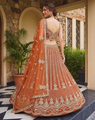 Orange Butterfly Net Sequins Embroidery Lehenga Choli Set 3