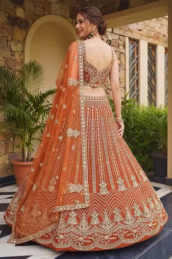 Orange Butterfly Net Sequins Embroidery Lehenga Choli Set