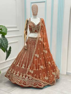 Orange Butterfly Net Sequins Embroidery Lehenga Choli Set 4