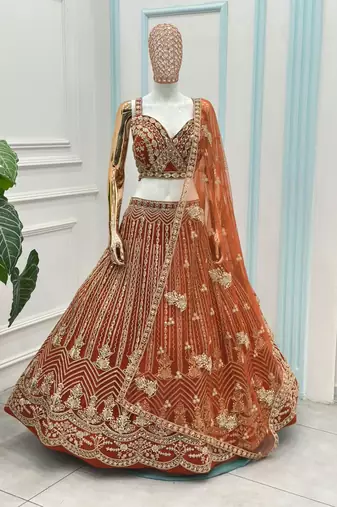 Orange Butterfly Net Sequins Embroidery Lehenga Choli Set