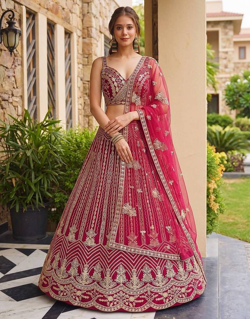 Rani Pink Butterfly Net Sequins Embroidery Lehenga Choli Set
