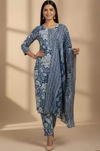 Women Floral Printed Regular Kurta with Trousers & With Dupatta