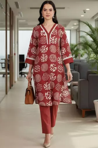Women Printed Regular Thread Work Kurta with Trousers
