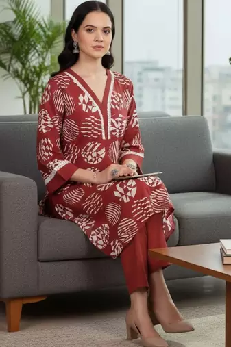 Women Printed Regular Thread Work Kurta with Trousers