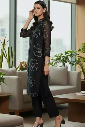 Women Floral Printed Regular Chanderi Silk Kurta with Trousers