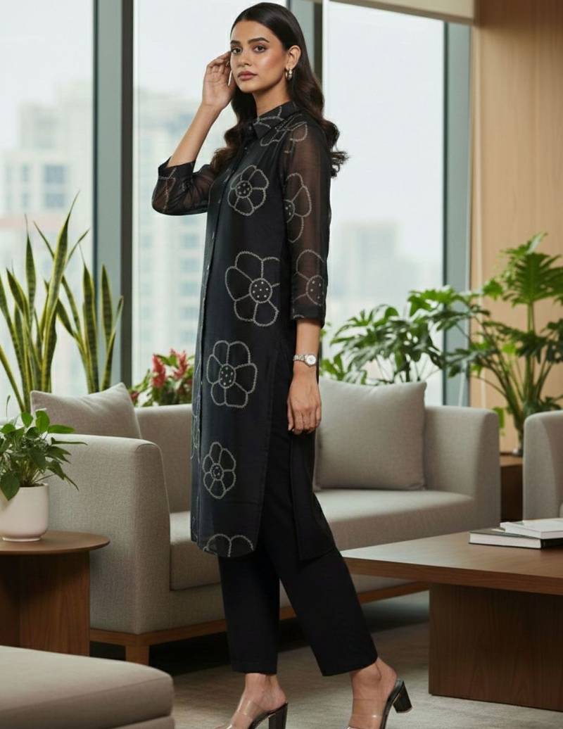 Women Floral Printed Regular Chanderi Silk Kurta with Trousers