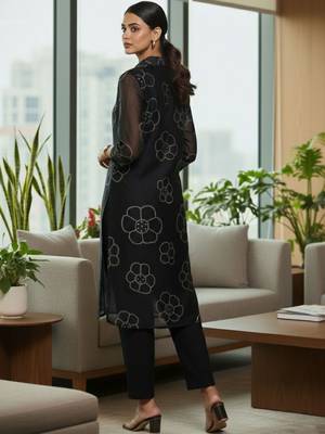 Women Floral Printed Regular Chanderi Silk Kurta with Trousers 4