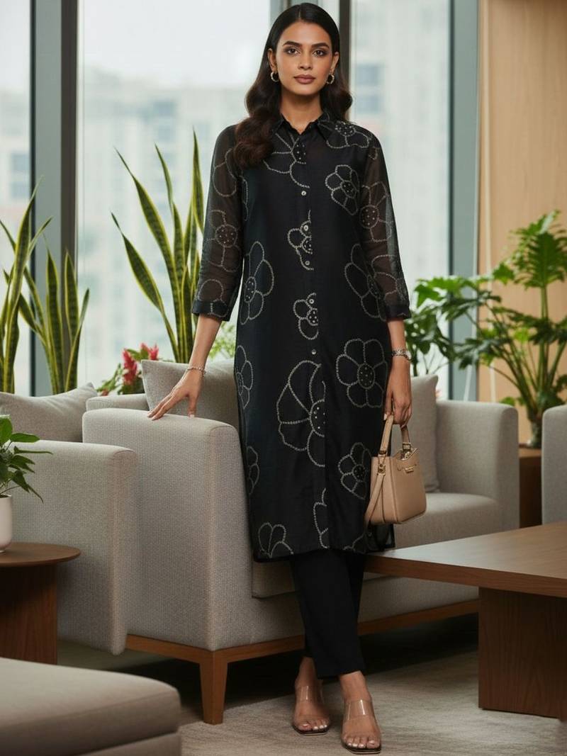 Women Floral Printed Regular Chanderi Silk Kurta with Trousers