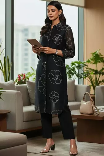 Women Floral Printed Regular Chanderi Silk Kurta with Trousers
