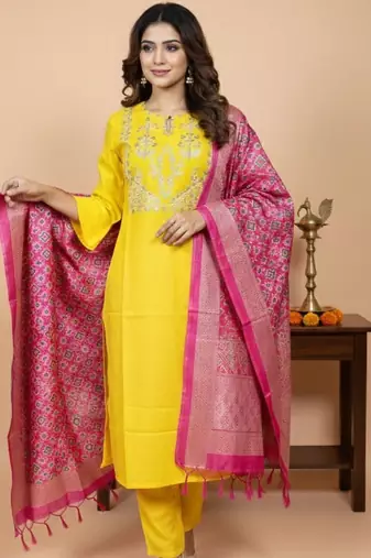 Women Ethnic Motifs Embroidered Regular Thread Work Kurta with Trousers & With Dupatta