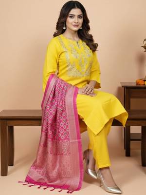 Women Ethnic Motifs Embroidered Regular Thread Work Kurta with Trousers & With Dupatta 3