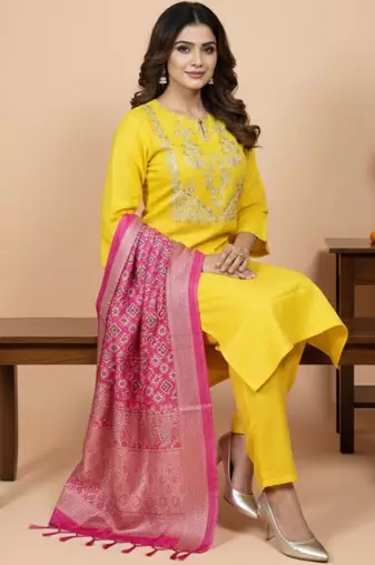 Women Ethnic Motifs Embroidered Regular Thread Work Kurta with Trousers & With Dupatta