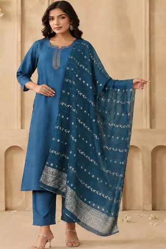 Women Ethnic Motifs Regular Thread Work Kurta with Trousers & With Dupatta
