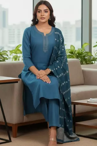 Women Ethnic Motifs Regular Thread Work Kurta with Trousers & With Dupatta