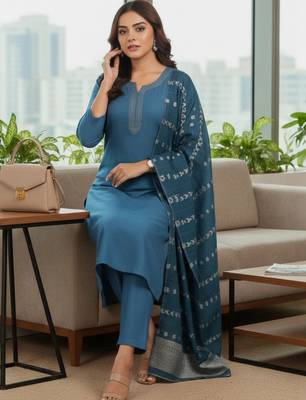 Women Ethnic Motifs Regular Thread Work Kurta with Trousers & With Dupatta 3