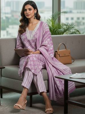 Women Ethnic Motifs Printed Regular Thread Work Kurta with Trousers & With Dupatta 1