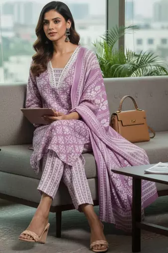 Women Ethnic Motifs Printed Regular Thread Work Kurta with Trousers & With Dupatta