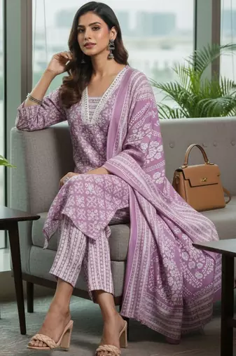 Women Ethnic Motifs Printed Regular Thread Work Kurta with Trousers & With Dupatta