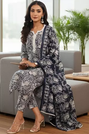 Women Ethnic Motifs Printed Regular Thread Work Kurta with Trousers & With Dupatta
