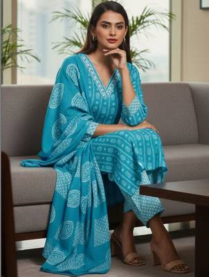 Women Ethnic Motifs Printed Regular Kurta with Trousers & With Dupatta 6