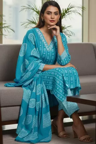 Women Ethnic Motifs Printed Regular Kurta with Trousers & With Dupatta