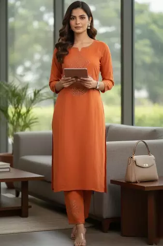 Women Ethnic Motifs Embroidered Regular Beads and Stones Kurta with Trousers