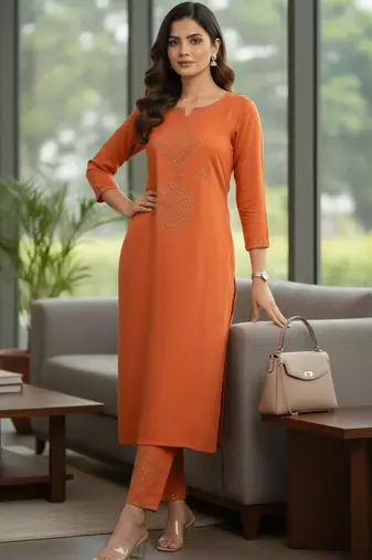 Women Ethnic Motifs Embroidered Regular Beads and Stones Kurta with Trousers