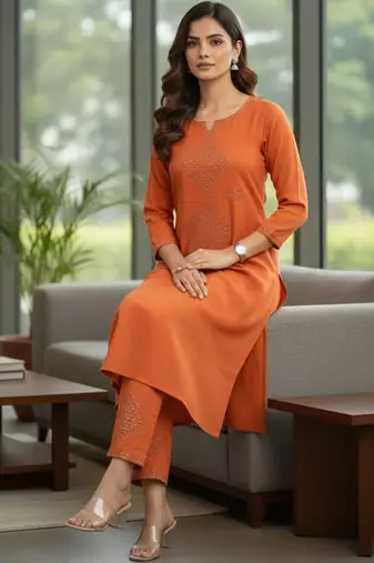 Women Ethnic Motifs Embroidered Regular Beads and Stones Kurta with Trousers