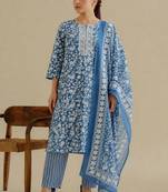 Women Ethnic Motifs Printed Regular Thread Work Kurta with Trousers & With Dupatta