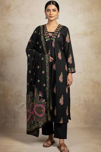 Women Ethnic Motifs Printed Regular Mirror Work Pure Cotton Kurta with Trousers & With Dupatta