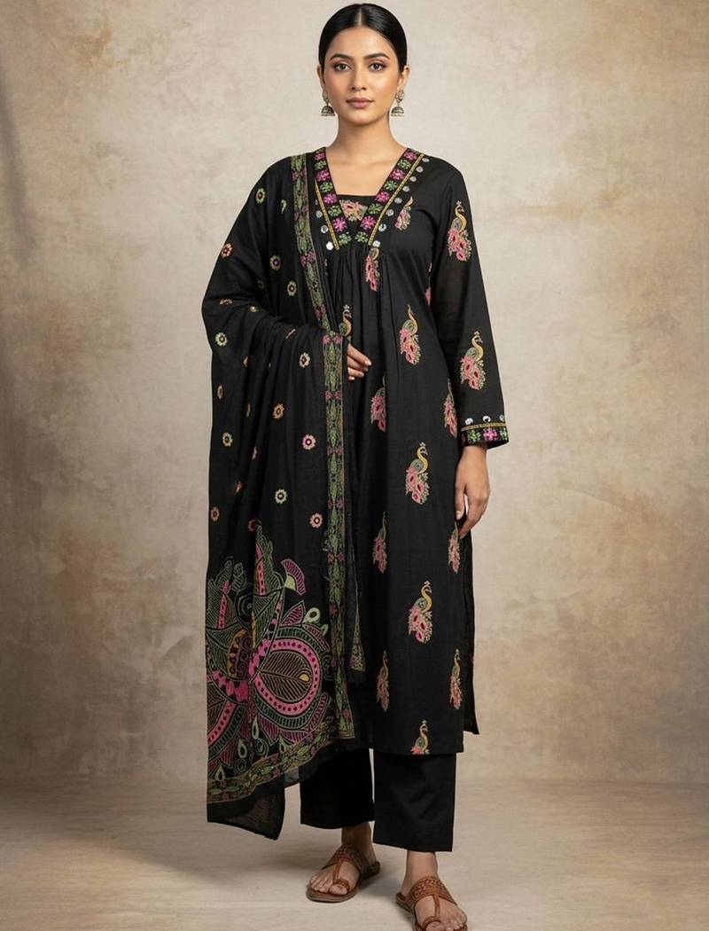 Women Ethnic Motifs Printed Regular Mirror Work Pure Cotton Kurta with Trousers & With Dupatta