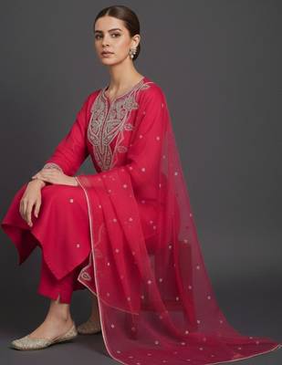 Women Ethnic Motifs Embroidered Regular Thread Work Kurta with Trousers & With Dupatta 6