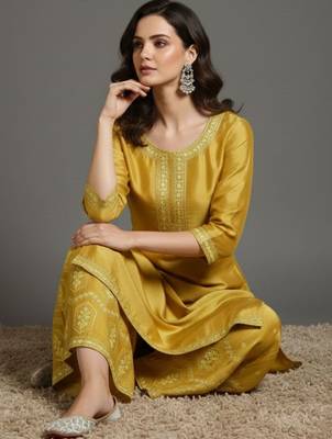 Women Ethnic Motifs Embroidered Regular Thread Work Silk Crepe Kurta with Palazzos & With Dupatta 2