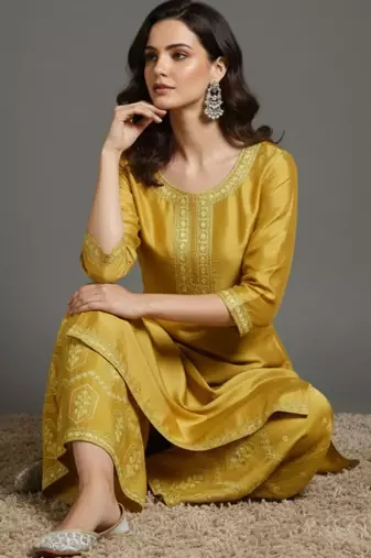Women Ethnic Motifs Embroidered Regular Thread Work Silk Crepe Kurta with Palazzos & With Dupatta