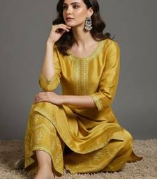Women Ethnic Motifs Embroidered Regular Thread Work Silk Crepe Kurta with Palazzos & With Dupatta