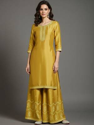Women Ethnic Motifs Embroidered Regular Thread Work Silk Crepe Kurta with Palazzos & With Dupatta 3