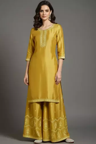 Women Ethnic Motifs Embroidered Regular Thread Work Silk Crepe Kurta with Palazzos & With Dupatta