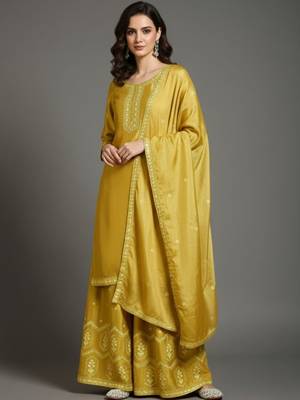 Women Ethnic Motifs Embroidered Regular Thread Work Silk Crepe Kurta with Palazzos & With Dupatta 1