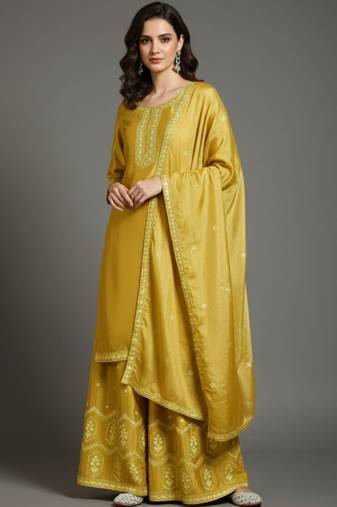 Women Ethnic Motifs Embroidered Regular Thread Work Silk Crepe Kurta with Palazzos & With Dupatta