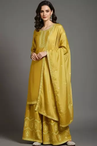 Women Ethnic Motifs Embroidered Regular Thread Work Silk Crepe Kurta with Palazzos & With Dupatta