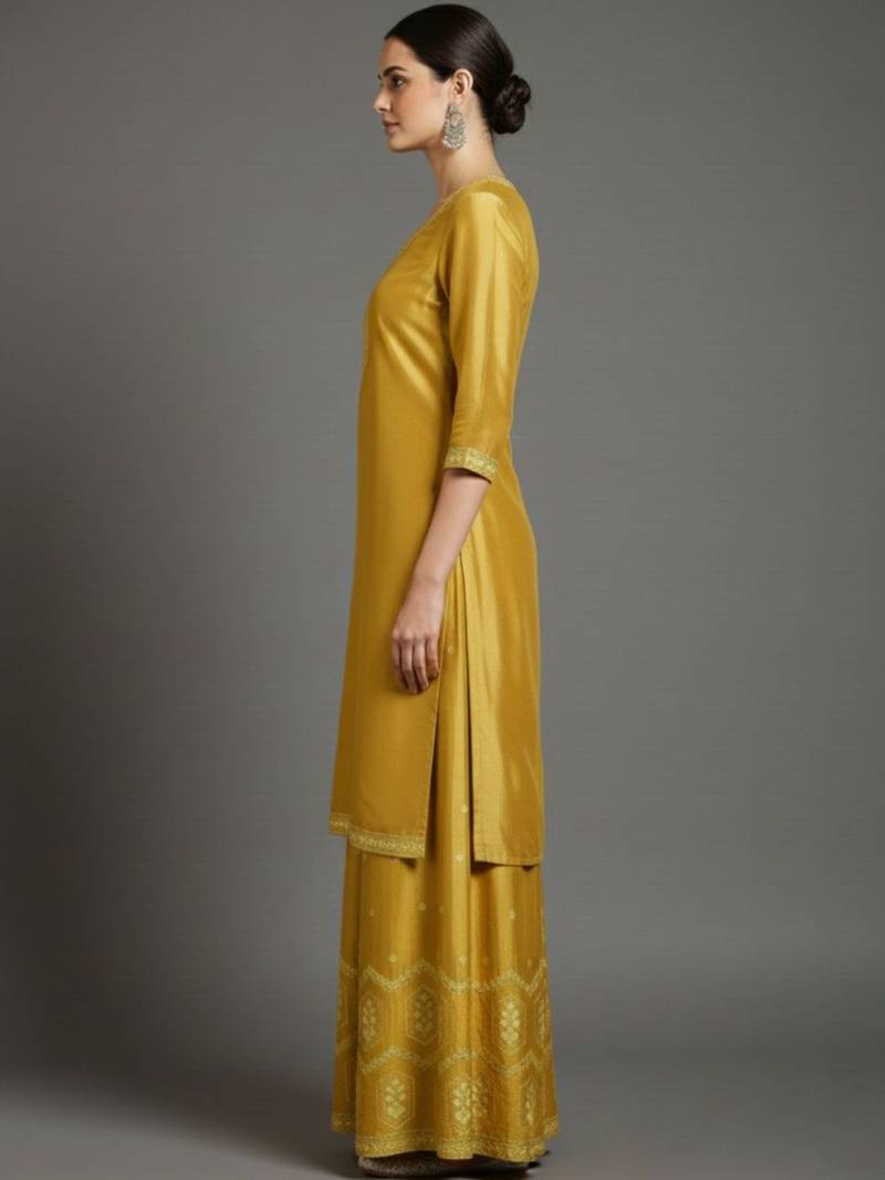 Women Ethnic Motifs Embroidered Regular Thread Work Silk Crepe Kurta with Palazzos & With Dupatta