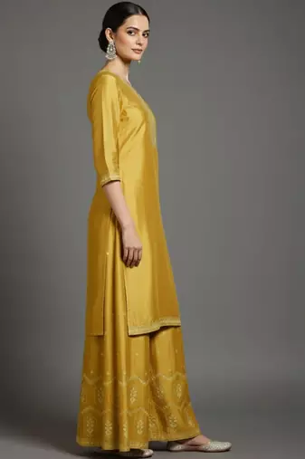 Women Ethnic Motifs Embroidered Regular Thread Work Silk Crepe Kurta with Palazzos & With Dupatta